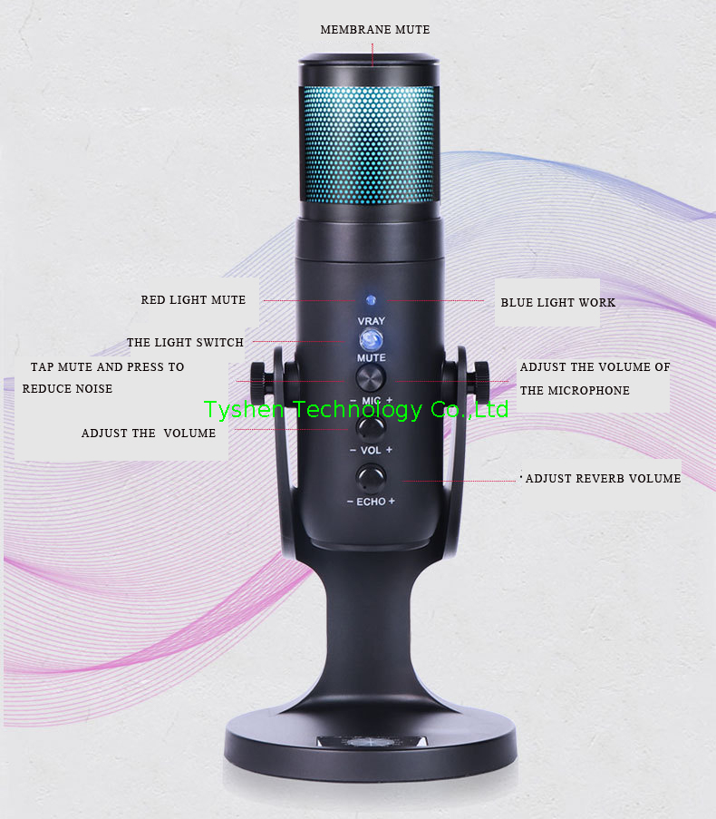 Gaming Microphone with RGB LED Light Headphone Output Professional USB Condenser Mic for PC Laptop